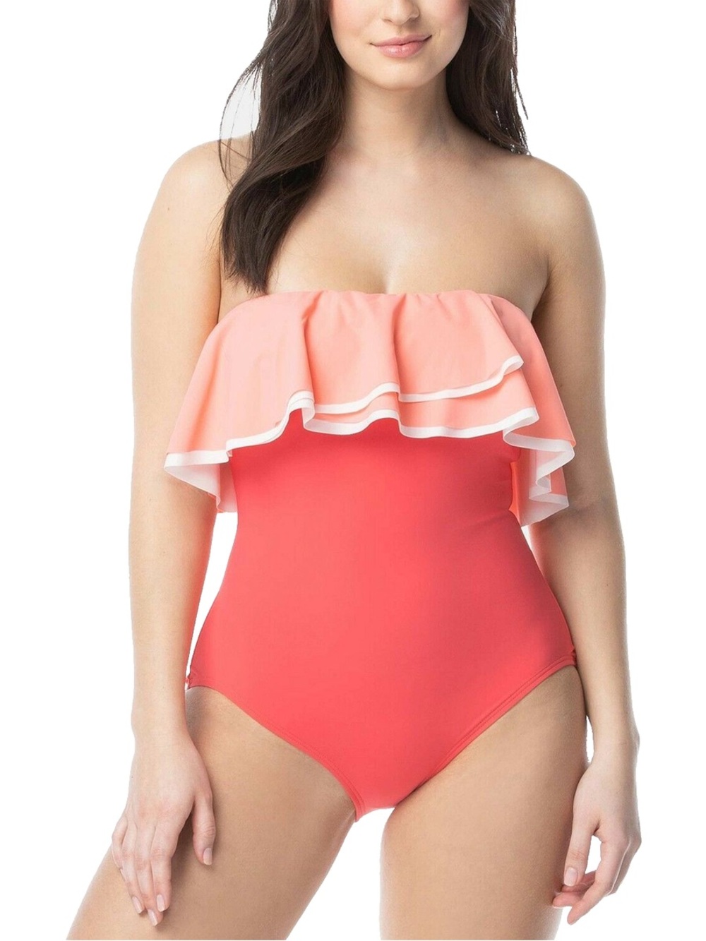 Coco Reef Coral and Light Pink Ruffle Strapless One-Piece